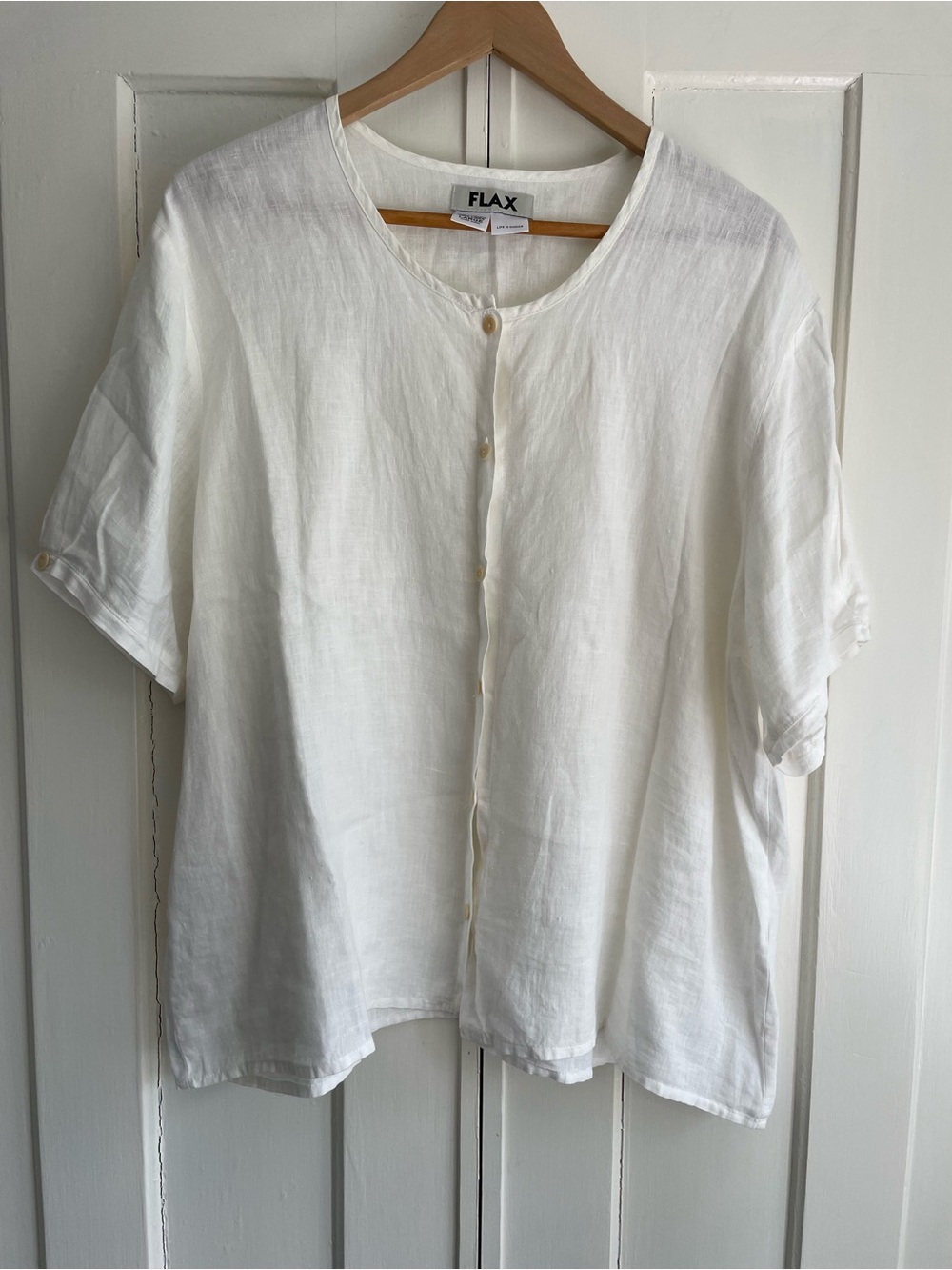 Flax Shirt White Linen Button Front Short Sleeve Top Relaxed Fit Coastal Summer